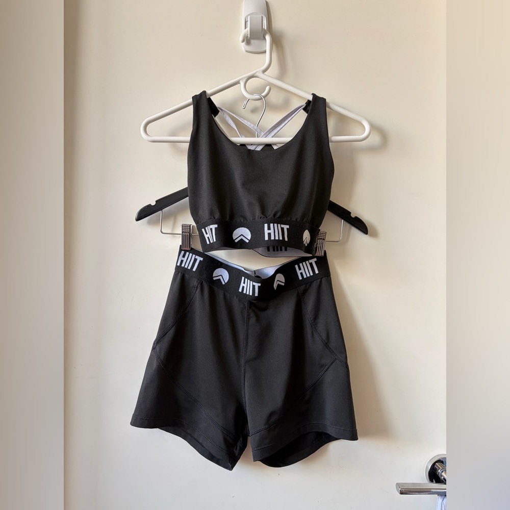 HIIT Black Sports Bra & Shorts Set with White Logo Band